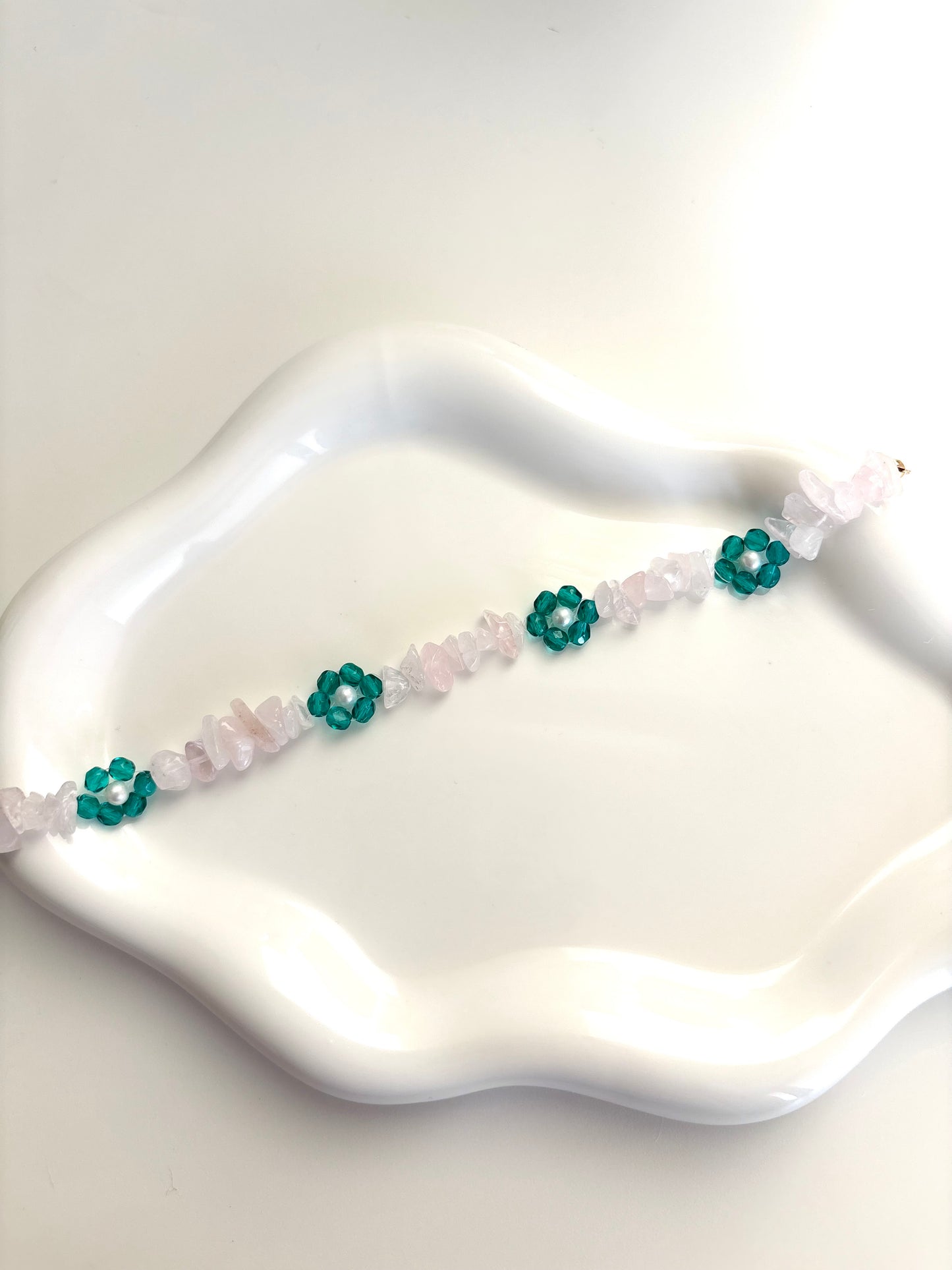 Emerald Bloom Bracelet - Rose Quartz, Pearl, Czech Glass