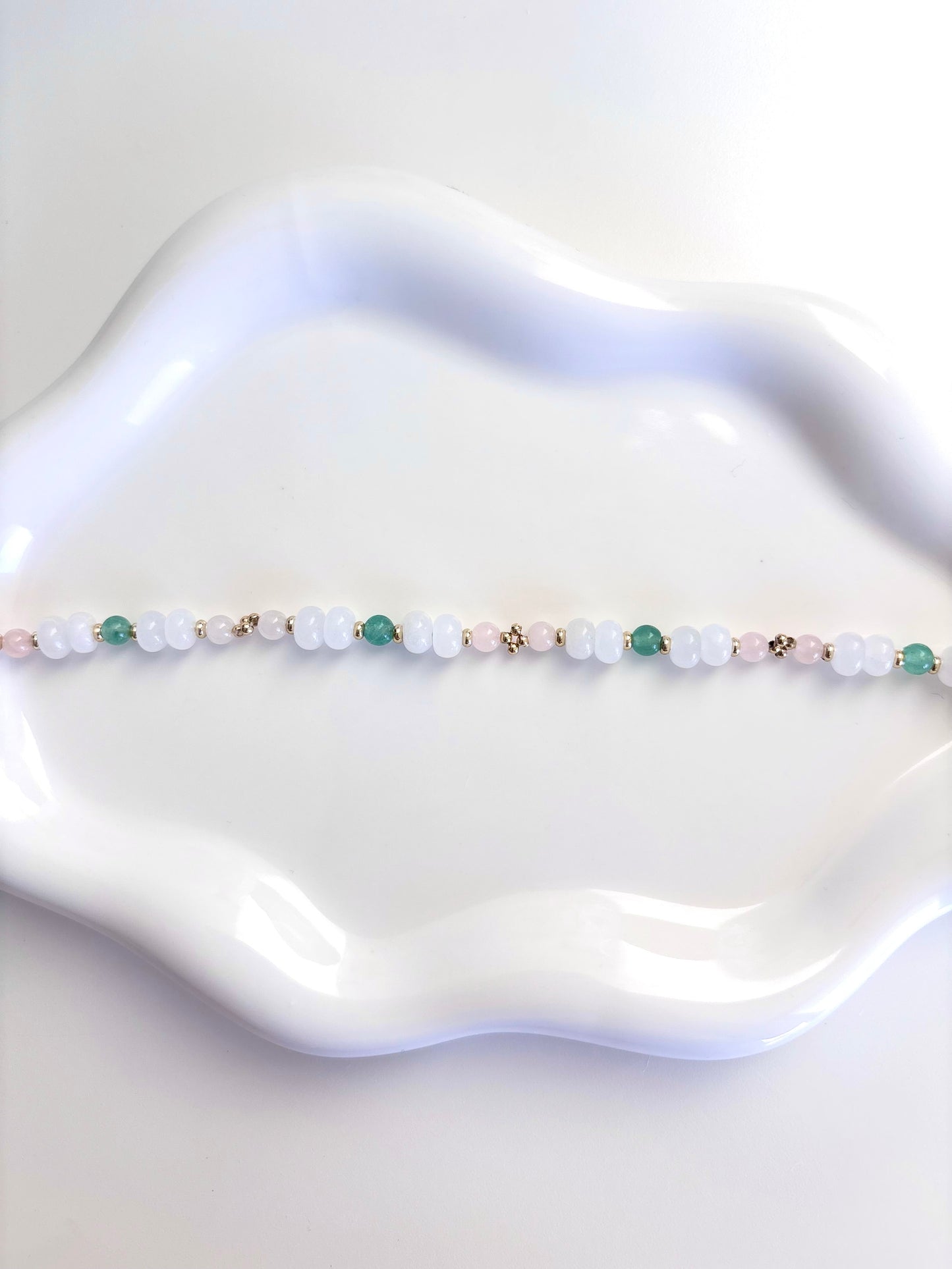 Soft Bloom - White Jade, Rose Quartz, Green Aventurine, 18k Gold Filled Beads Bracelet