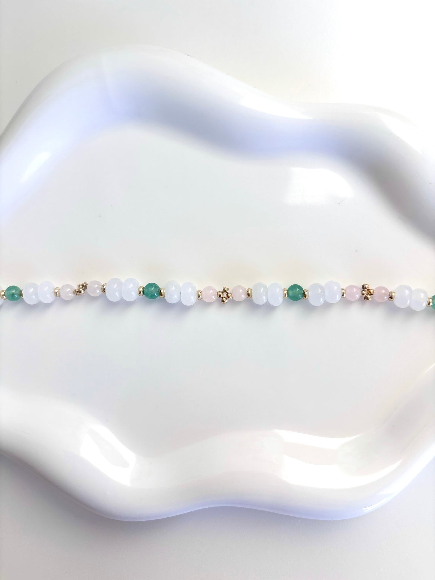 Soft Bloom - White Jade, Rose Quartz, Green Aventurine, 18k Gold Filled Beads Bracelet