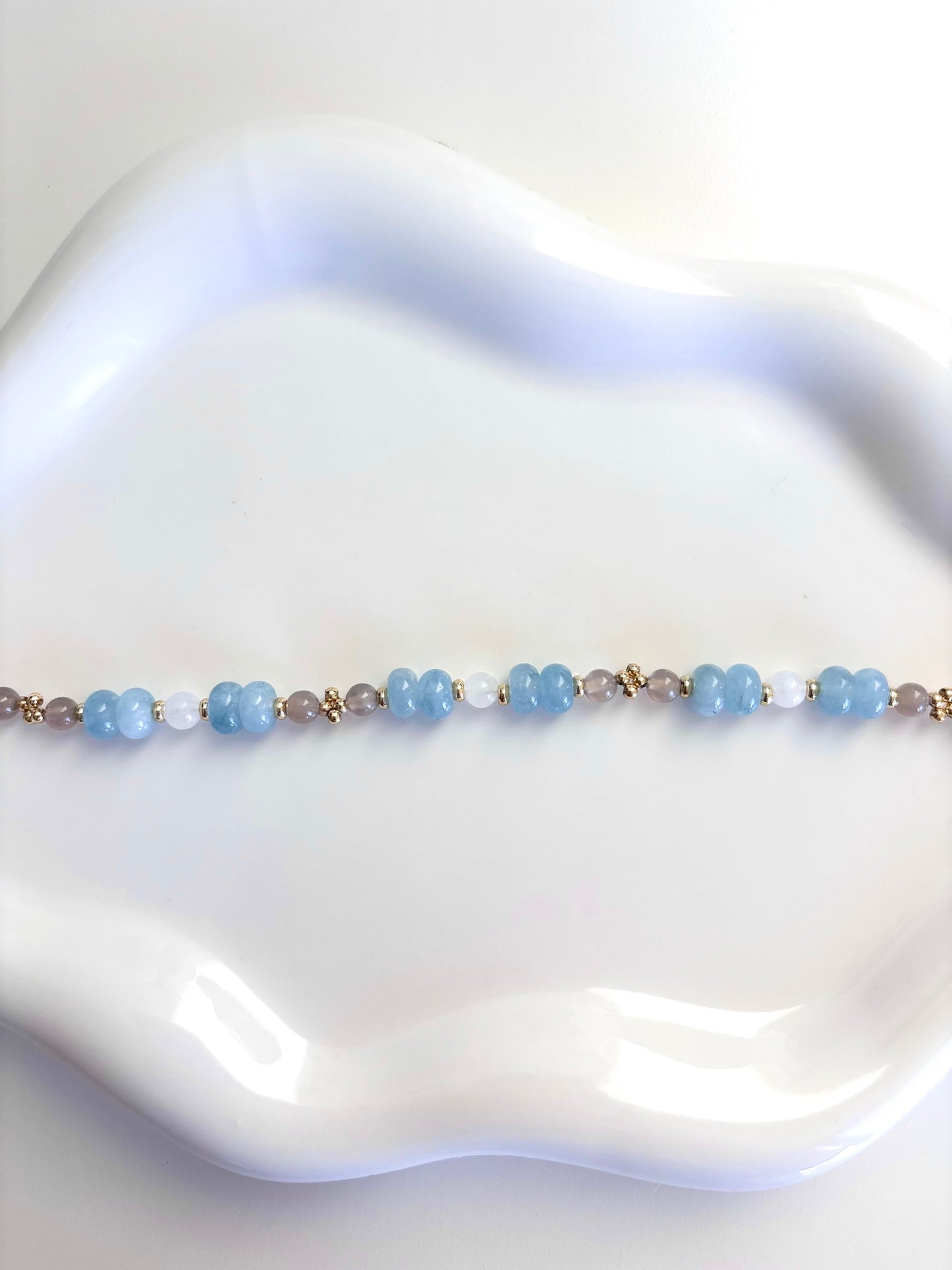 Blue Mist - Aquamarine, White Jade, Grey Agate, 18k Gold Filled Beads Bracelet