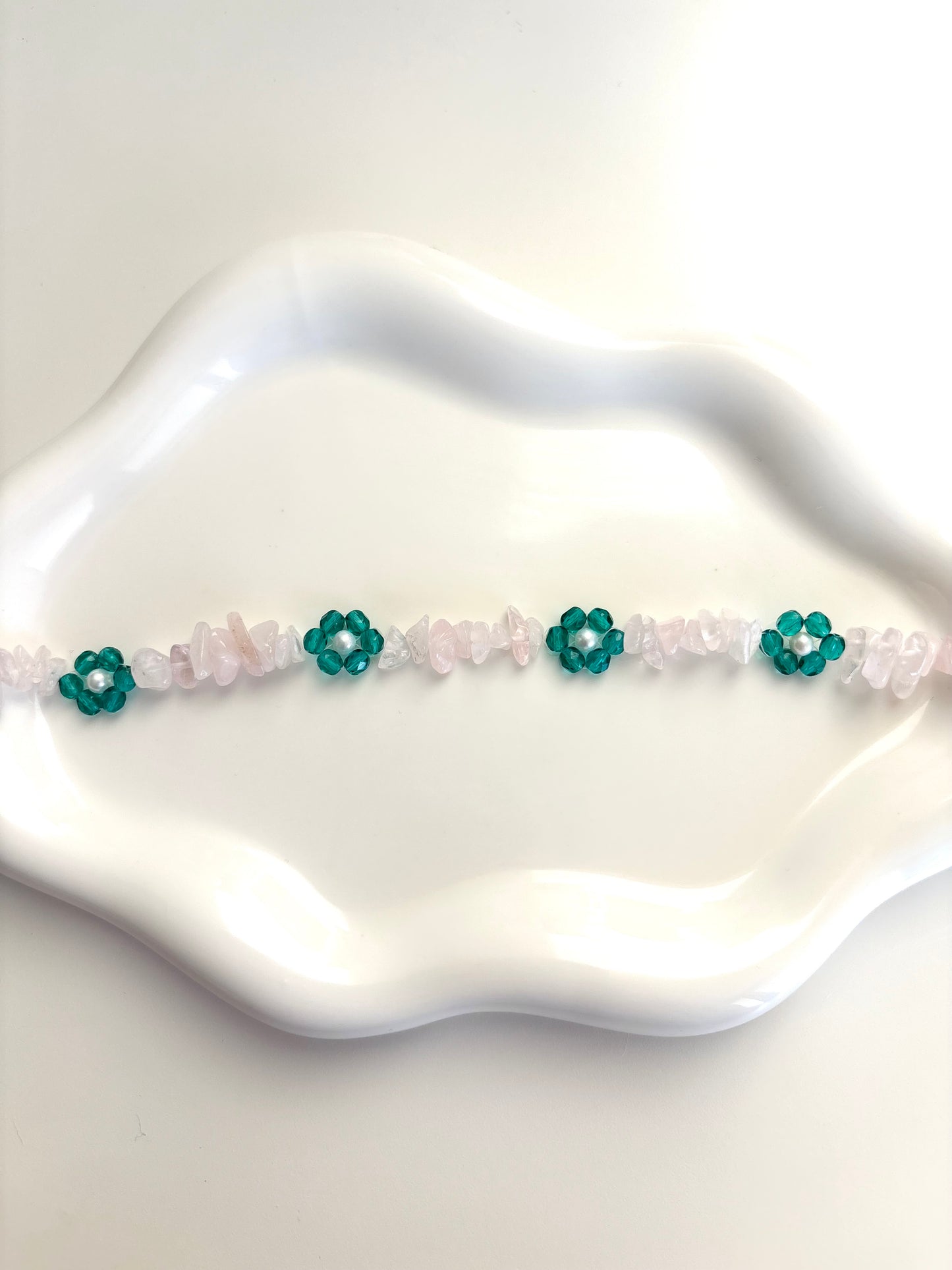 Emerald Bloom Bracelet - Rose Quartz, Pearl, Czech Glass