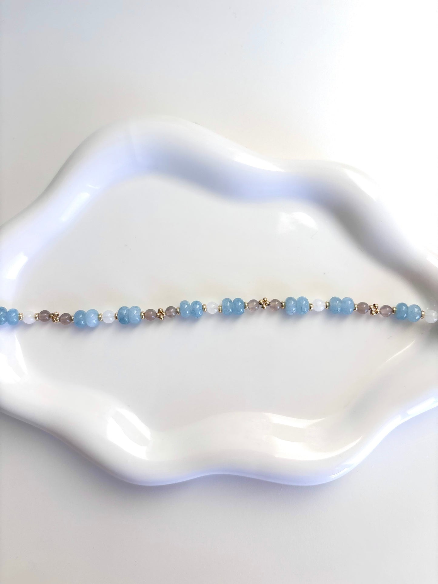 Blue Mist - Aquamarine, White Jade, Grey Agate, 18k Gold Filled Beads Bracelet