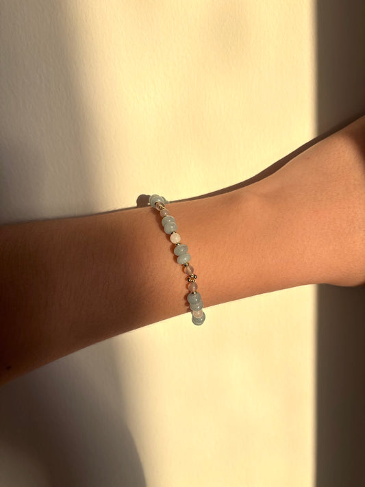 Blue Mist - Aquamarine, White Jade, Grey Agate, 18k Gold Filled Beads Bracelet